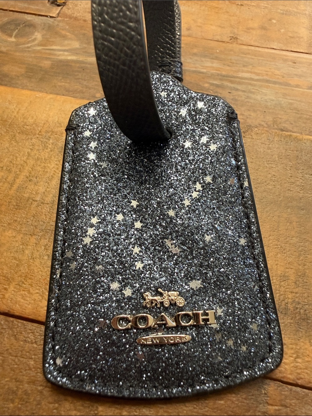 Coach Black Glitter Star Luggage Tag with Gold Logo